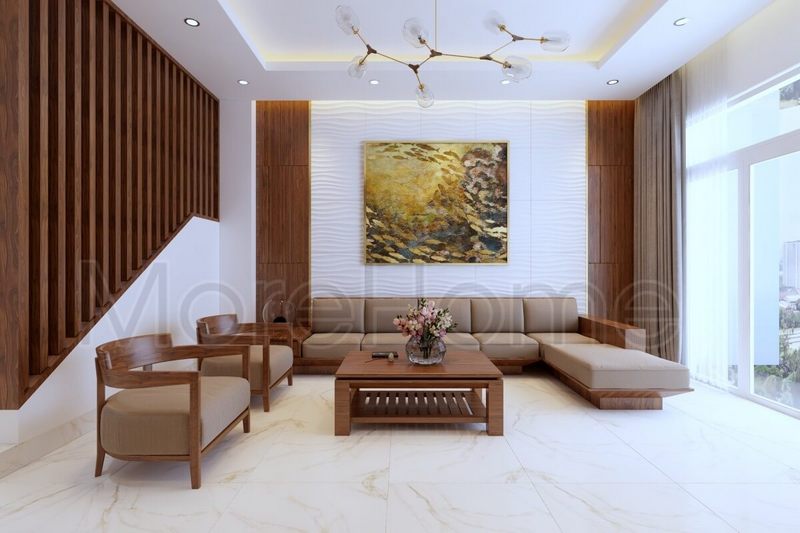 Lựa chọn đá nhân tạo cho tường và sàn phòng khách cho phòng khách giúp căn phòng thoáng rộng hơn