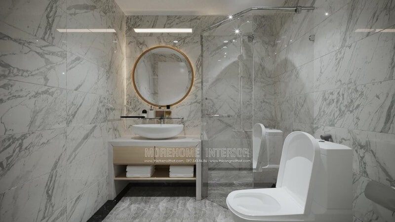 Phòng WC nổi bật với mẫu gương trang trí gắn đèn led. Đặc biệt hơn nữa là không gian thư giãn này cũng được ốp đá nhân tạo cao cấp giúp cho không sang thư giãn chanh xả.
