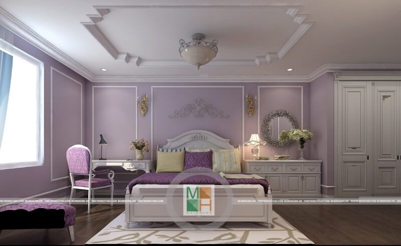 Mẫu thiết kế nội thất phòng ngủ cao cấp với tông màu tím chủ đạo lôi cuốn mọi ánh nhìn.