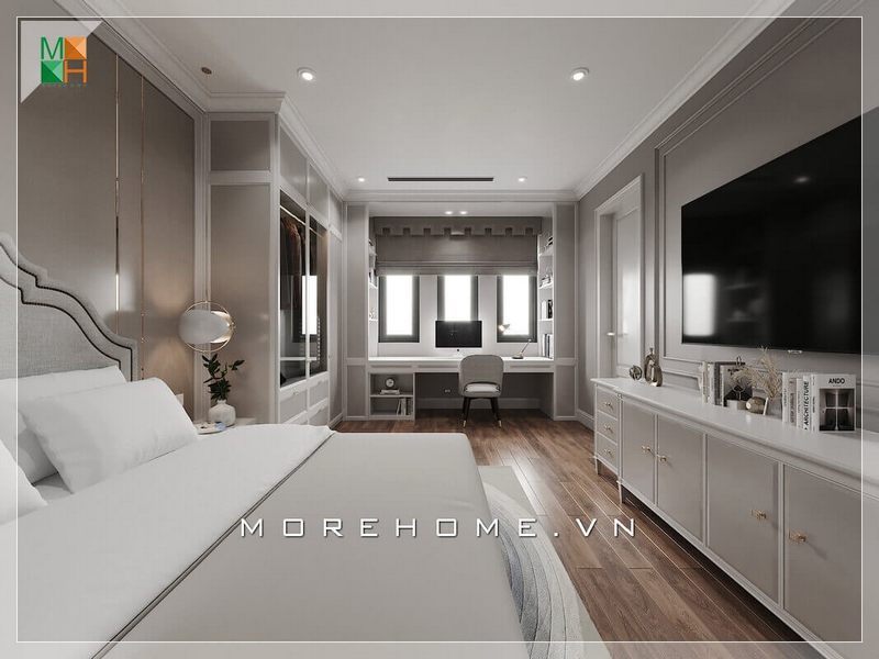 Giường ngủ, kệ tivi và bàn làm việc sử dụng chung vật liệu cùng màu sắc tạo nên sự đồng nhất trong thiết kế, có tính đồng nhất và đẳng cấp.